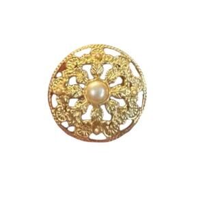 Vintage Gold Tone Filigree Round Brooch Faux Pearl Ornate Medallion Pin